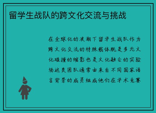 留学生战队的跨文化交流与挑战